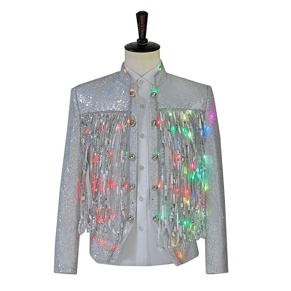 Trajes de hombre Blazers Blanco LED Color Luz Borla Lentejuelas Brillo Blazer Chaqueta Flor Bordado Cantante DJ Prom Etapa Traje 230427