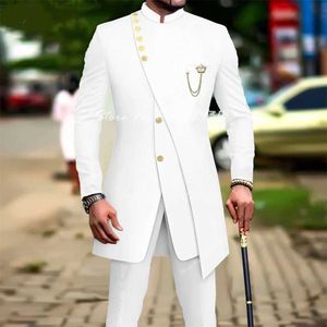 Herenpakken blazers witte luxe heren slank fit bal jurk bruidegom en set stailcoat 2pcs modieuze jassen broek Q240507