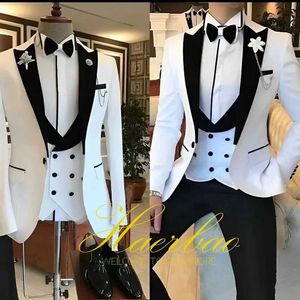 Herenpakken blazers witte heren 3-delige slanke fitting bruidegoms staartcoat geschikt voor bruiloft bruidegom Italiaanse stijl set dubbele borstvest broek Q240507