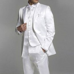 Herenpakken blazers witte satijnen bruidegom tuxedo voor bruiloft met piekrapel 3 -delige aangepaste man bruidegomsmode mode kleding jasje vest wth pa