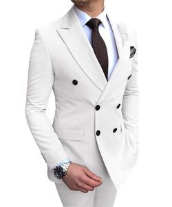 Costumes pour hommes Blazers Costume blanc 2 pièces Double boutonnage Revers plat Slim Fit Casual Tuxedos pour mariage Blazer Pantalon 221201