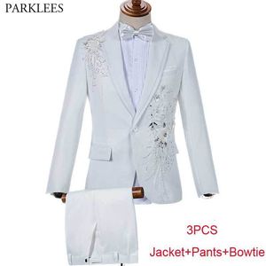 Herenpakken blazers witte bruiloft bruidegom broek slank fit één knop pailletten borduurwerk smoking pak rapel podium kostuum traje hombre 230404