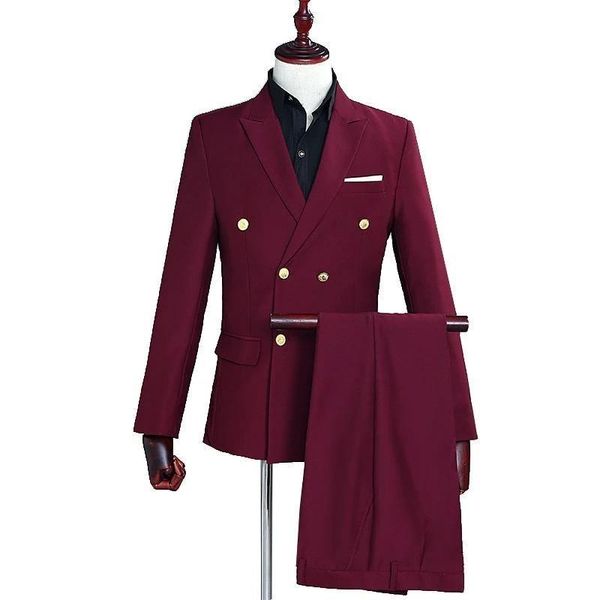 Costumes Hommes Blazers Vin Rouge Costume Uniforme Double Boutonnage Slim Fit Mariage Tuxedo Business Party Prom Mode Casual Veste Et Pantalon