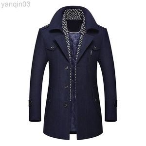 Herenpakken Blazers Winter Men Wol Jackets Nieuwe mode Mid lange sjaal Kraagkraag Katoen Gedoeide Dikke Warm Jas