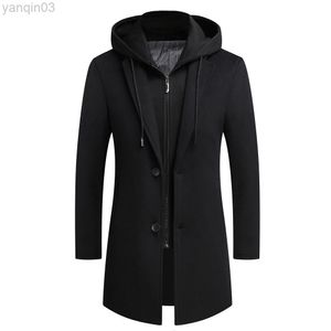 Herenpakken blazers wollen jas casual warme afneembare hoed winter s mid-lengte overjas met één borsten 5xl l220902