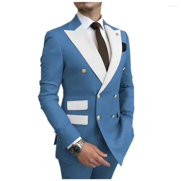 Trajes de hombre azul 2 piezas solapa blanca esmoquin para novio de boda ropa de hombre vestidos de fiesta de negocios chaqueta Blazer hecha a medida pantalones