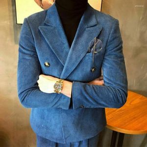 Herenpakken blauw corduroy mannen bruidegom prom blazer kostuum homme huwelijk smoking tuxedo trouwkantoor dubbele borsten 2 pcs jasbroek