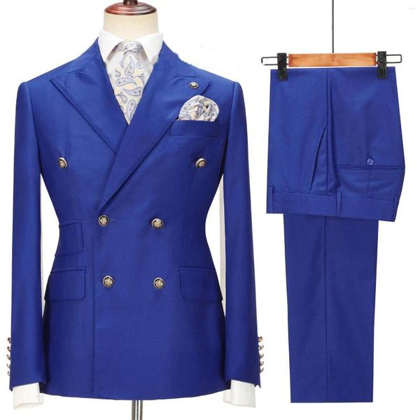 Trajes de hombre Traje de hombre de doble botonadura azul Conjunto de 2 piezas de negocios Hombre Vestido de noche de boda Chaqueta Pantalones