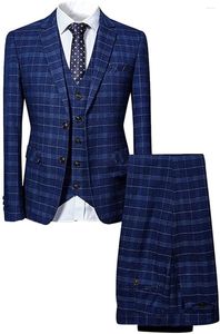 Costumes pour hommes grille bleue 3 pièces veste pantalon gilet ensembles pour hommes Plaid classique vêtements de mariage revers cranté Vintage bal/dîner Blazer pantalon