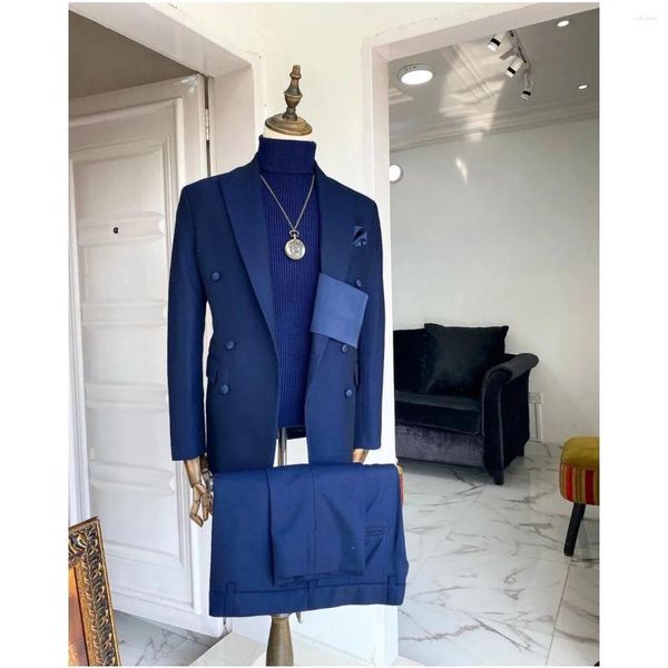 Trajes de hombre Traje de novio azul para hombre boda con cinturón en el pecho solapa en pico pantalones Blazer para hombre 2 piezas ropa Formal de cumpleaños