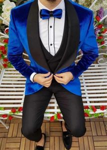 Herenpakken Blue Jacket Zwart Pant Velvet Elegante mannen Pak Formele bruidegom Tuxedo Prom Slim Fit Blazer Hombre Hoge kwaliteit Aangepaste 3 -delige set