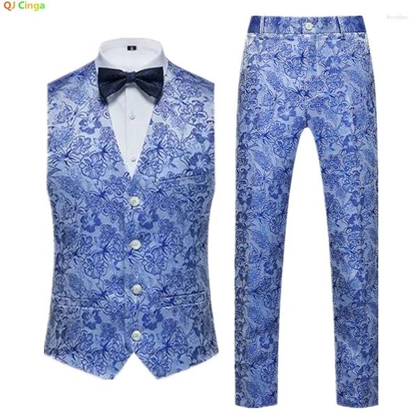 Trajes para hombres tela azul jacquard en v-chaqueta de chaleco de chaleco sin mangas de chaleco de chaleco de dos piezas