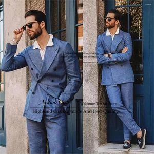 Costumes pour hommes Bleu Lin Hommes Peaked Revers Double Breasted Groom Tuxedos De Mariage 2 Pièces Ensembles Male Prom Blazers Slim Fit Costume Homme