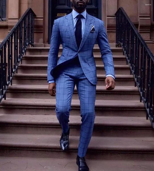 Trajes de hombre azul a cuadros con un botón conjuntos con americana traje de hombre elegante vestido de boda para hombre matrimonio novio ajustado fiesta de 2 piezas