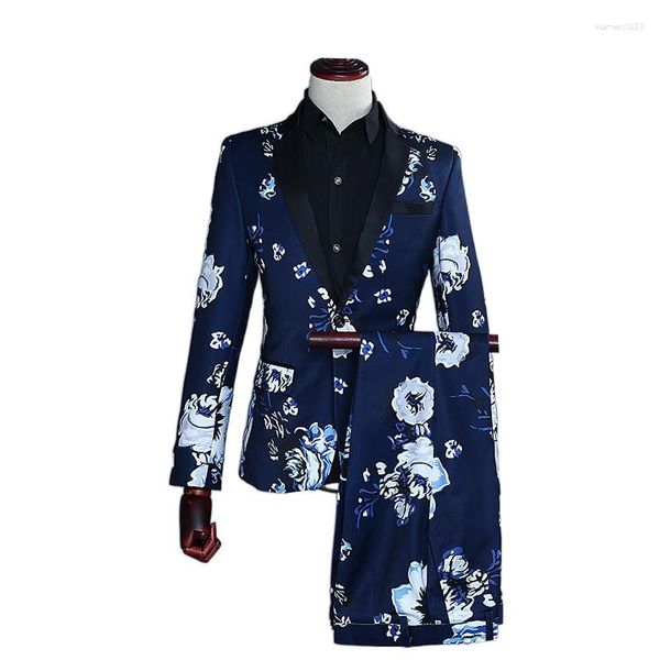 Trajes de hombre Traje estampado azul Moda de dos piezas Chaqueta de vestir ajustada y pantalón Un solo botón Solapa negra Blazer Abrigo Pantalón S-XXL