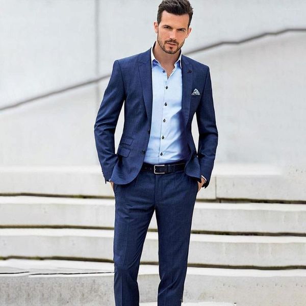 Trajes de hombre azul Slim Fit negocios hombres padrinos de boda 2 piezas chaqueta pantalones conjunto para novio boda esmoquin Formal Oficina desgaste traje Homme