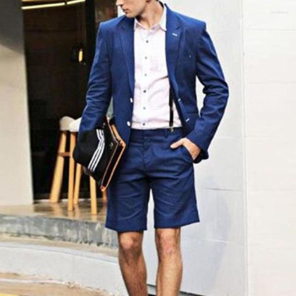 Ternos masculinos azul verão praia simples homens com calça curta jaqueta define fino fitte feito sob encomenda casamento smoking 2 peça casual blazer