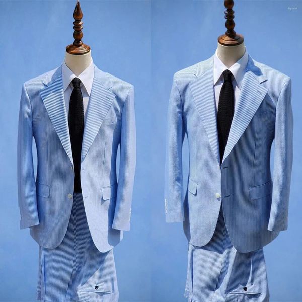 Costumes pour hommes Bleu sur mesure 2 pièces Blazer Pantalon simple boutonnage Mariage Marié Peaked Revers Pinstripes Travail sur mesure Plus Taille