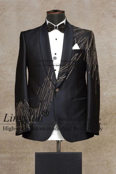 Costumes masculins Les paillettes noires bleuâtres brodées smoking italienne hommes hommes formels 2 pièces sets de marié Blazers Business Male Prom Custome Homme