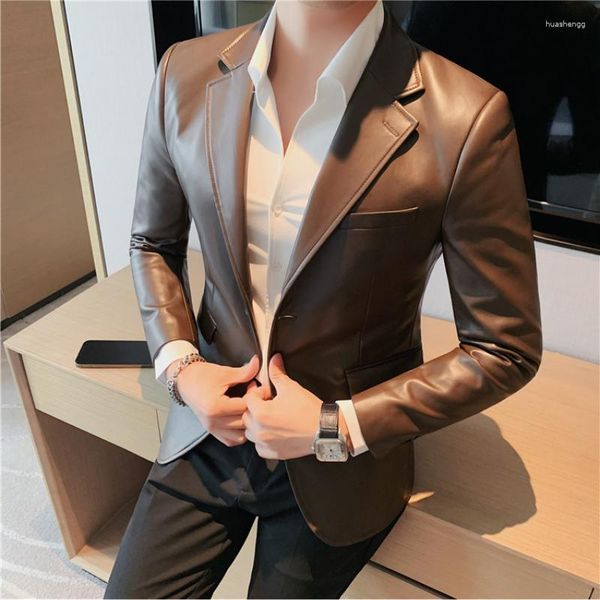 Costumes pour hommes marque vêtements veste en cuir Style britannique mince PU Blazers couleur unie costume d'affaires décontracté hommes