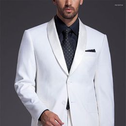 Herenpakken Merk Heren Groomsmen sjaals Satin Rapel Bruidegom Men Tuxedos White Wedding Man Pak 2023 (jasbroek Tie gordel)