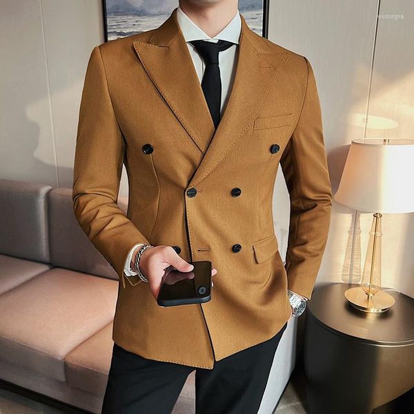 Trajes de hombre Estilo británico Doble botonadura Hombres Blazers Chaqueta de traje informal Hombre de alta calidad Vestido de negocios Abrigo Boda Traje social Homme