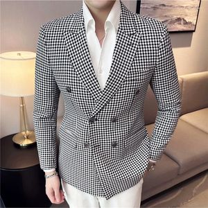 Herenpakken Britse Stijl Mode Double Breasted Casual Blazer Jas 2023 Mannen Check Slim Fit Jasje Formele Kantoor Bruiloft smoking