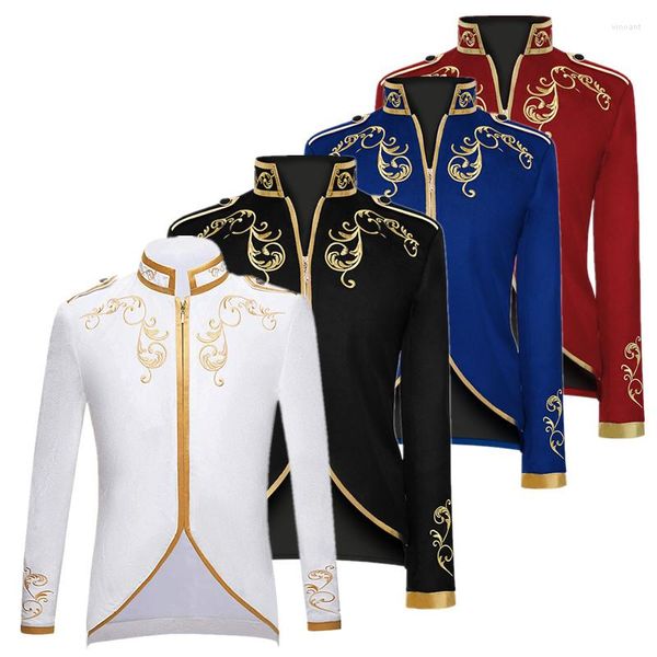 Trajes para Hombres Estilo Británico Hombres Cuello De Pie Chaqueta De Traje Bordada Rojo/Azul Moda Boda Fiesta De Baile Vestido De Retazos Abrigos