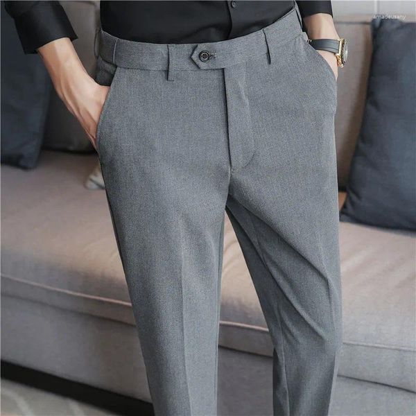 Trajes de hombre estilo británico sólido alto cintura traje pantalón hombres negocios ropa Formal pantalones calidad Slim Casual pantalones de oficina 28-38