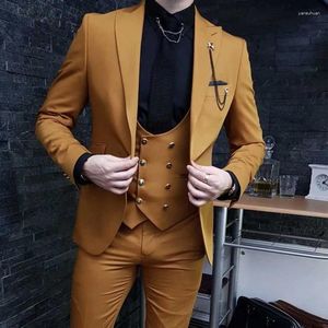 Costumes pour hommes Brown Casual Hommes Slim Fit avec gilet à double boutonnage 3 pièces de mariage smoking mâle mode costume veste pantalon 2024
