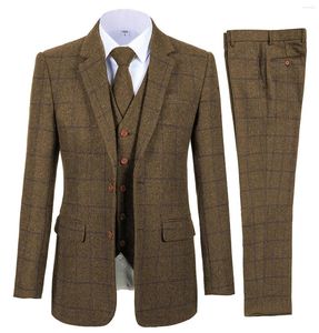 Herenpakken bruine mannen plaid tweed voor man drie stukken vintage rapel touwtjes bruidegomsmannen winterhuwelijk (blazer vest -broek)