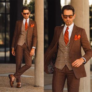 Costumes pour hommes Marron Hommes Costume Sur Mesure 3 Pièces Blazer Plaid Gilet Pantalon Smoking Un Bouton Affaires Travail Mode Mariage Marié Bal Sur Mesure