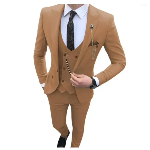 Costumes masculins Brown Slim Fit Costume Homme Wedding for Men Double Breasted Vest Tuxedos Trois pièces Blazers Pantalons de veste masculino