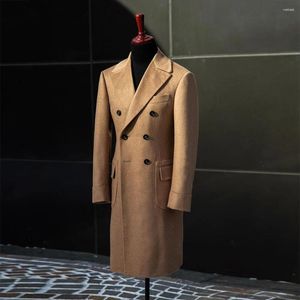 Costumes pour hommes Vestes de costume marron pour hommes Tweed Mélange de laine Trench-Coat Long sur mesure Double boutonnage Pardessus Groomsman Blazer Ensembles 2024