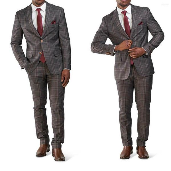 Costumes pour hommes marron sur mesure 2 pièces Blazer pantalon simple boutonnage revers à carreaux rayures mariage marié grande taille