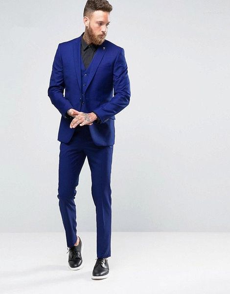 Costumes pour hommes Bleu Peaked Revers Mode Hommes Tuxedos Formels Slim Fit Terno Masculino Sur Mesure Blazer Beau (Veste Pantalon Cravate Gilet)