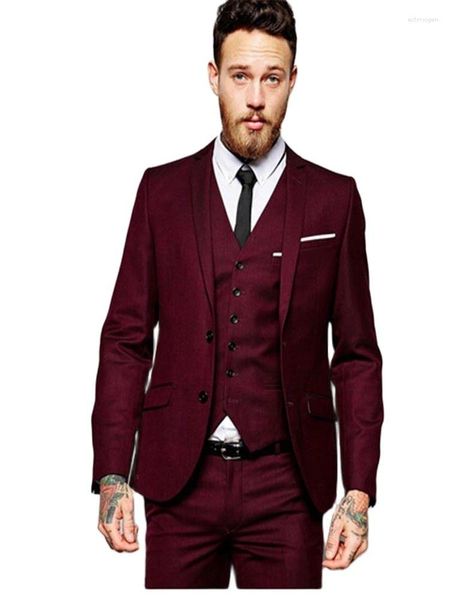 Trajes de hombre Borgoña 2 botones hombre boda Blazer pantalones 3 piezas (chaqueta pantalones chaleco corbata) novio Slim Fit Prom cena fiesta desgaste