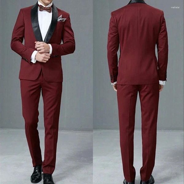 Abiti da uomo Blazer bordeaux Terno Hombres Uomo Scialle nero Risvolto Monopetto Abbigliamento formale Giacca a due pezzi Pantaloni Custom Made