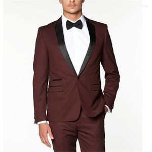 Trajes para hombres Borgoña Hombres Dos piezas Negro Solapa con muescas Un botón Blazer Traje Flaco Novio Esmoquin para hombre (chaquetas pantalones)