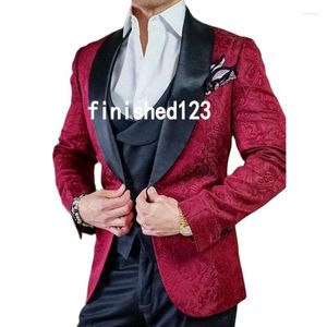 Trajes de hombre Borgoña Paisley Novio Esmoquin 3 piezas Cuello chal Hombres Traje de negocios Vestido de cóctel Ropa de fiesta (Chaqueta Pantalones Chaleco Corbata) W: 309