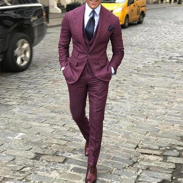 Trajes de hombre rojo burdeos con un botón, solapa entallada, esmoquin de negocios para hombre, traje hecho a medida para hombre