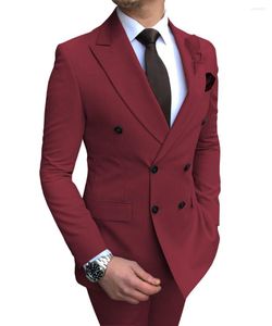 Trajes de hombre Traje de color burdeos 2 piezas de solapa de muesca de doble botonadura esmoquin casual plano para boda (pantalones de chaqueta)