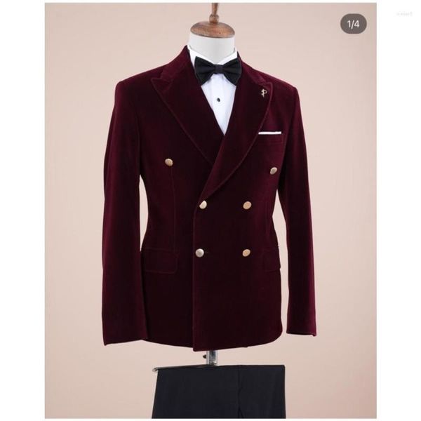 Ternos masculinos borgonha veludo blazer calças pretas duplo breasted ternos masculinos 2 peças roupas de casamento roupa de festa roupa sob medida traje homme