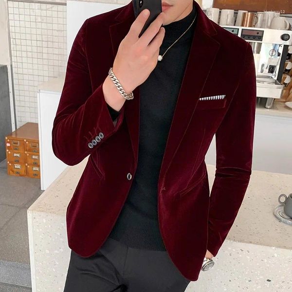 Costumes pour hommes Blazer en velours bordeaux Hommes Mode Casual Costume de marié de mariage Slim Robe de soirée formelle M-5XL