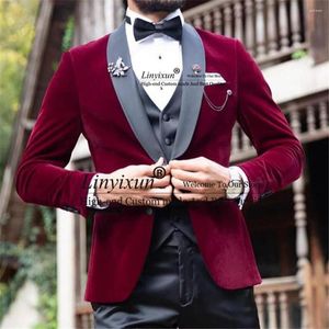 Costumes pour hommes bordeaux velours bal hommes châle revers mariage marié smoking 3 pièces ensemble dîner Blazer gilet pantalon noir élégant Costume Homme