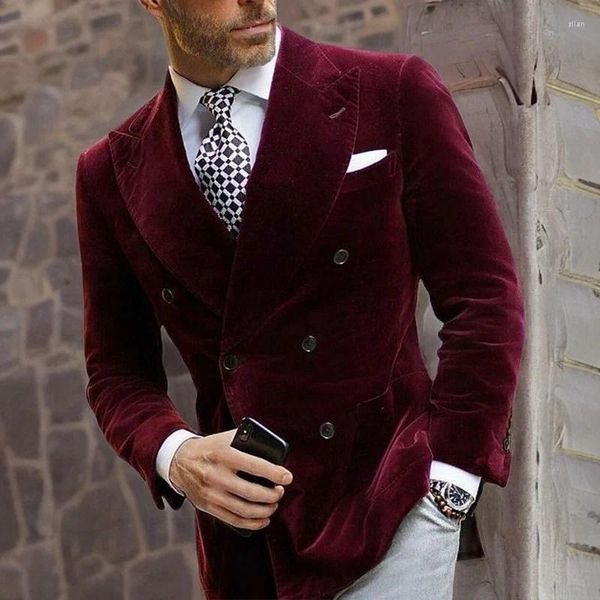 Costumes pour hommes, Blazer de mariage en velours bordeaux pour hommes, veste de dîner à Double boutonnage, manteau élégant, en Stock