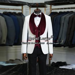 Ternos masculinos borgonha casamento formal branco jauquard jaqueta colete calças 3 peças smoking sob medida roupas de moda masculina