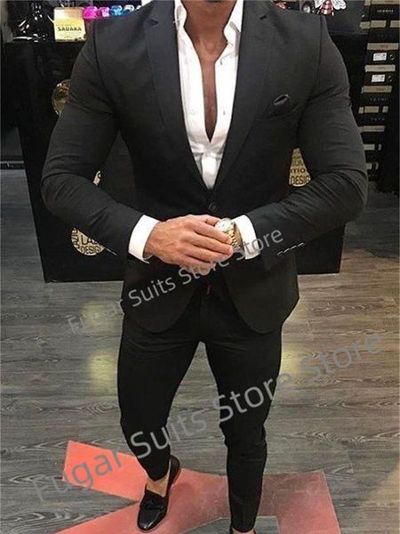 Costumes pour hommes d'affaires noir mariage hommes Slim Fit serré cranté revers marié Tuxedos 2 pièces ensembles luxueux mâle Blazer Costume Homme