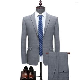 Costumes pour hommes affaires décontracté mariage marié fête deux pièces Blazer pantalon costume mince mâle couleur unie Plaid rayures veste pantalon