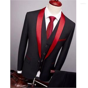 Costumes pour hommes Business élégant Slim Fit Skinny hommes simple boutonnage rouge châle revers mariage marié homme blazer 3 pièces veste pantalon gilet